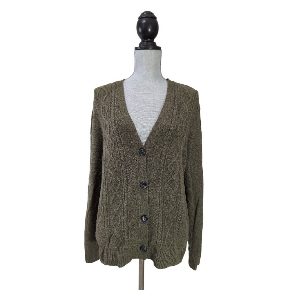 Vintage J Jill Cardigan Sweater Womens L Green Button Front Cable Knit V-Neck